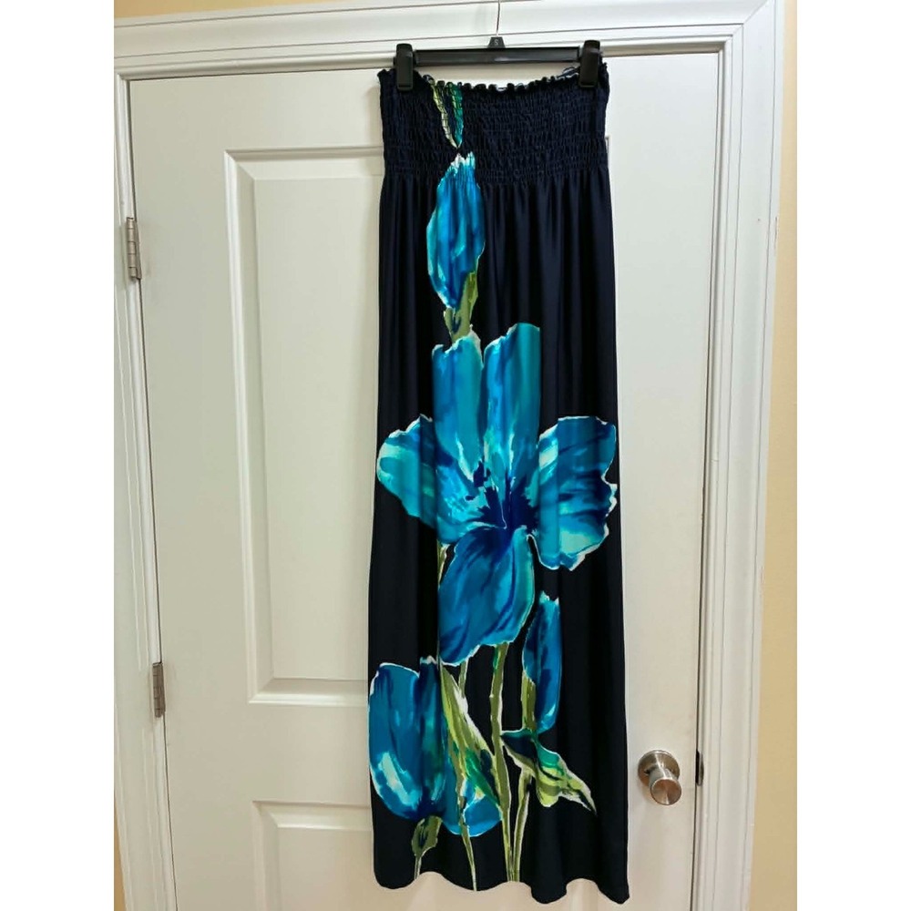 Bongo Womens Medium Strapless Maxi Dress Blue Floral Smocked Tube Boho Beach